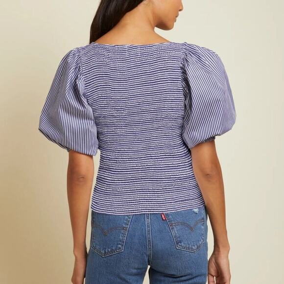 Nation LTD Samira Smocked Tee Navy Stripe Puff Sleeve Top Size Large New - Picture 2 of 12